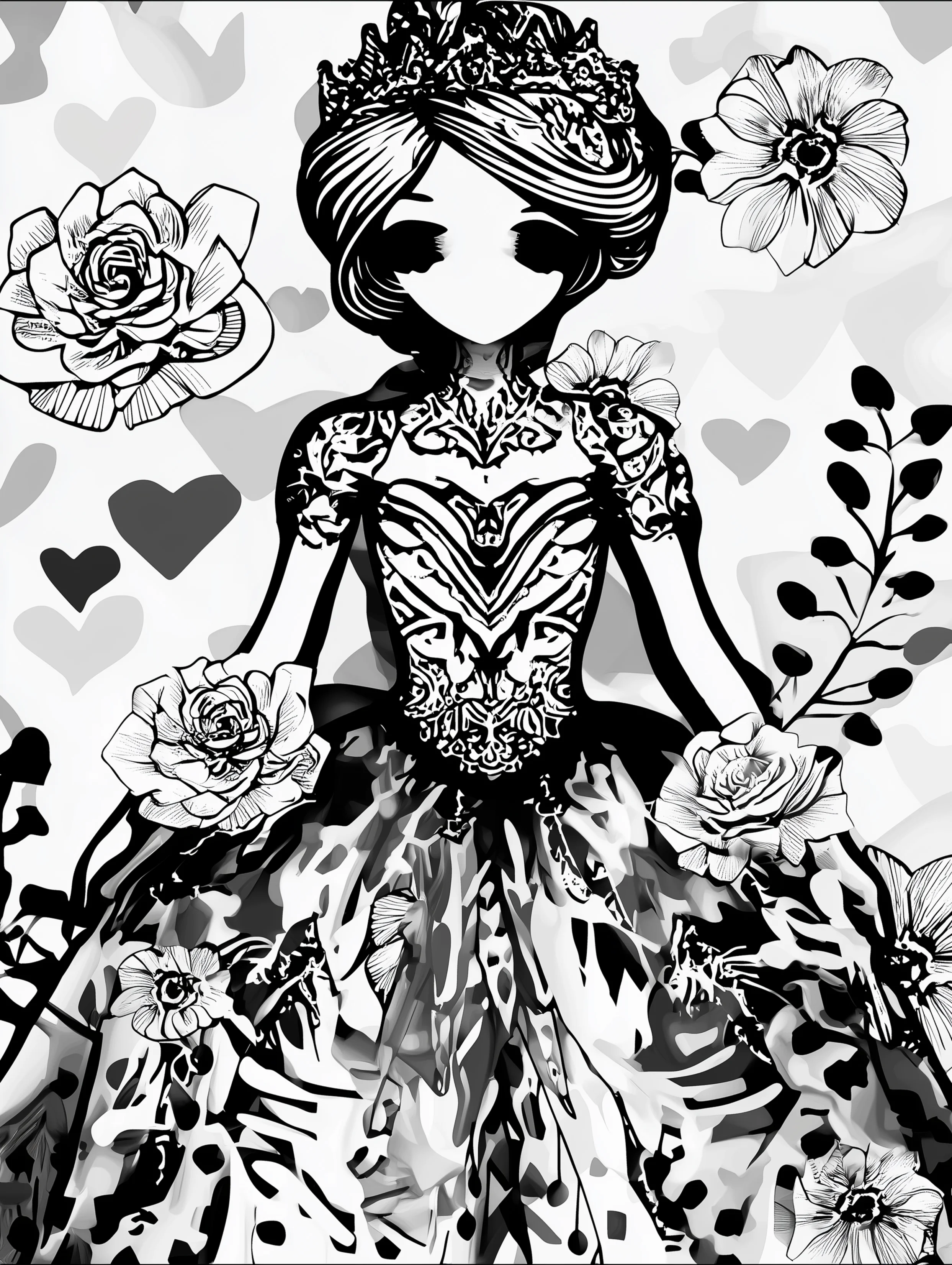 Free printable coloring page for adults featuring a queen wearing a detailed dress